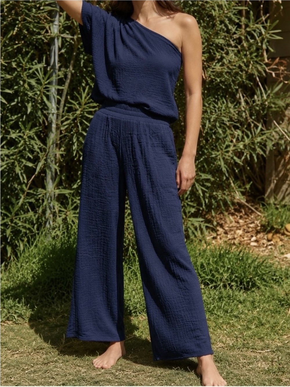 FP BEACH Free People Navy Blue Crinkle Seersucker Wide Leg Pant Gia Small
